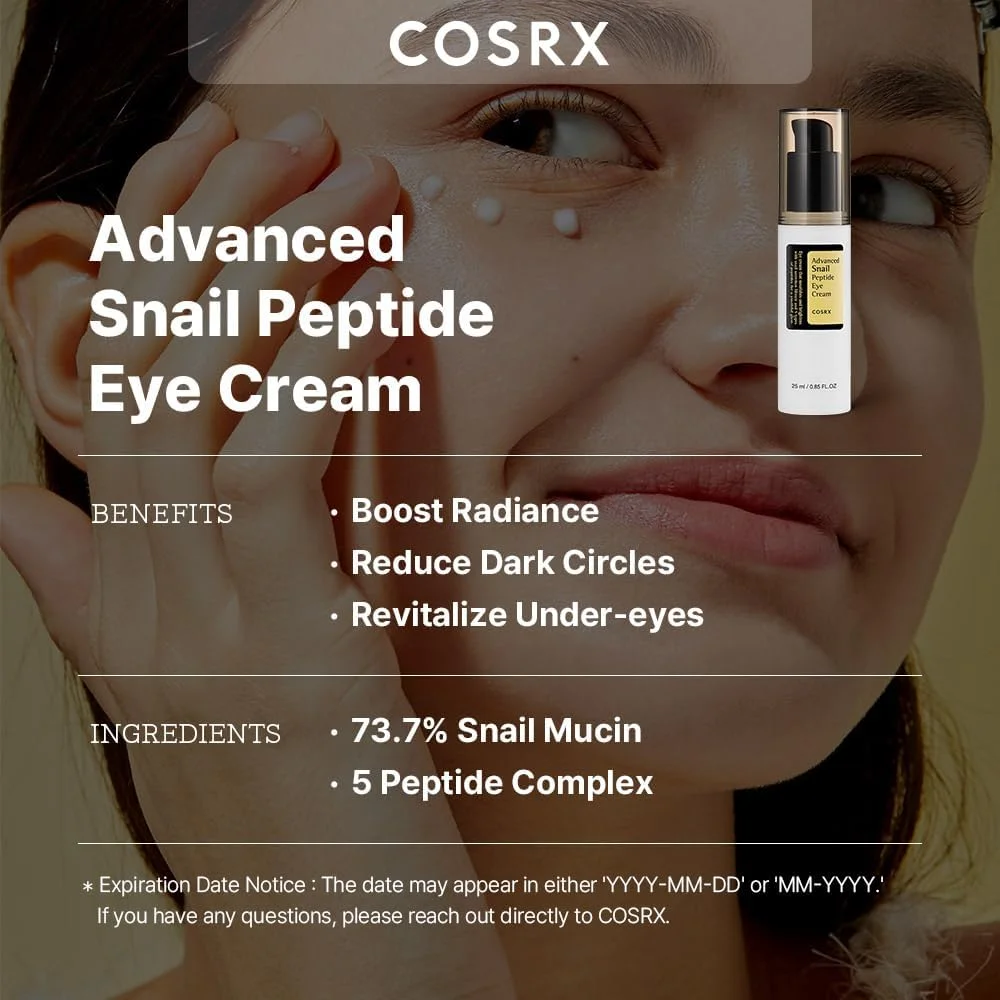 کرم دور چشم حلزون و پپتید پیشرفته COSRX، کرم دور چشم کره ای حاوی موسین حلزون، نیاسینامید و پپتید برای روشن کردن زیر چشم، ضد پیری، خطوط ریز، حلقه های تیره و کاهش چروک، مراقبت از پوست کره ای 25 میلی لیتر کرم دور چشم حلزون و پپتید پیشرفته COSRX، کرم دور چشم کره ای حاوی موسین حلزون، نیاسینامید و پپتید برای روشن کردن زیر چشم، ضد پیری، خطوط ریز، حلقه های تیره و کاهش چروک، مراقبت از پوست کره ای 25 میلی لیتر
