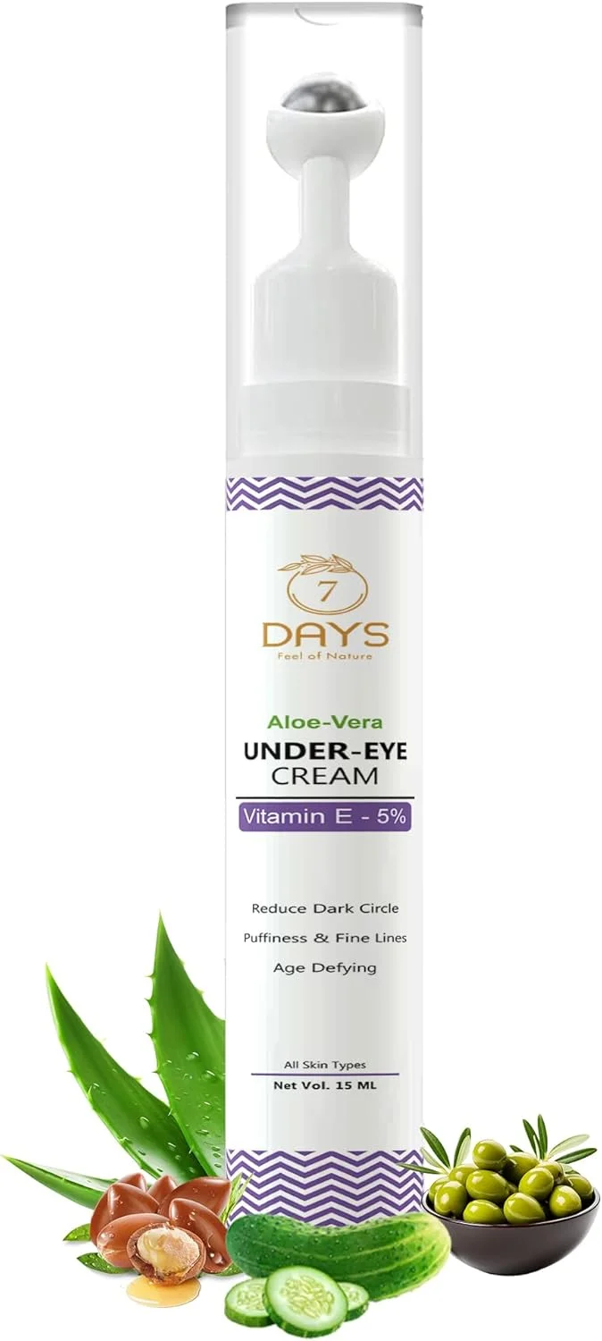 کرم دور چشم 7DaysNatural برای رفع سیاهی، پف و خطوط ریز | غنی شده با روغن دانه چیا | روغن قهوه | ویتامین های E و B3 با غلتک ماساژ خنک کننده (15 میلی لیتر)