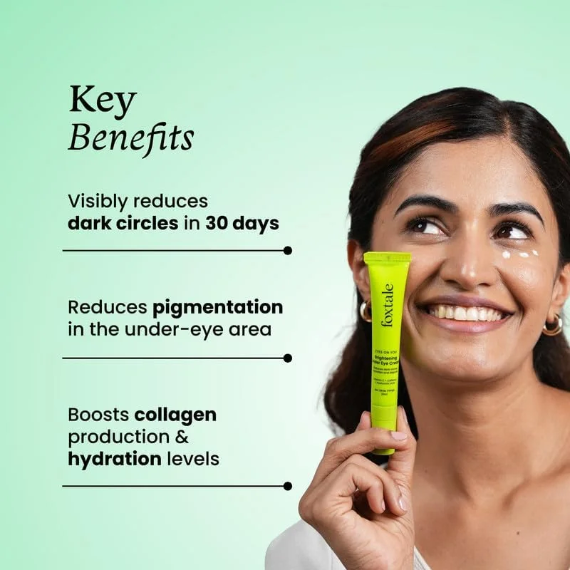 کرم روشن کننده دور چشم FoxTale | ویتامین C، کافئین و اسید هیالورونیک | کاهش تیرگی و پف زیر چشم | روشن کننده زیر چشم با نوک سرامیکی | مناسب انواع پوست | برای آقایان و بانوان | 20 میلی لیتر