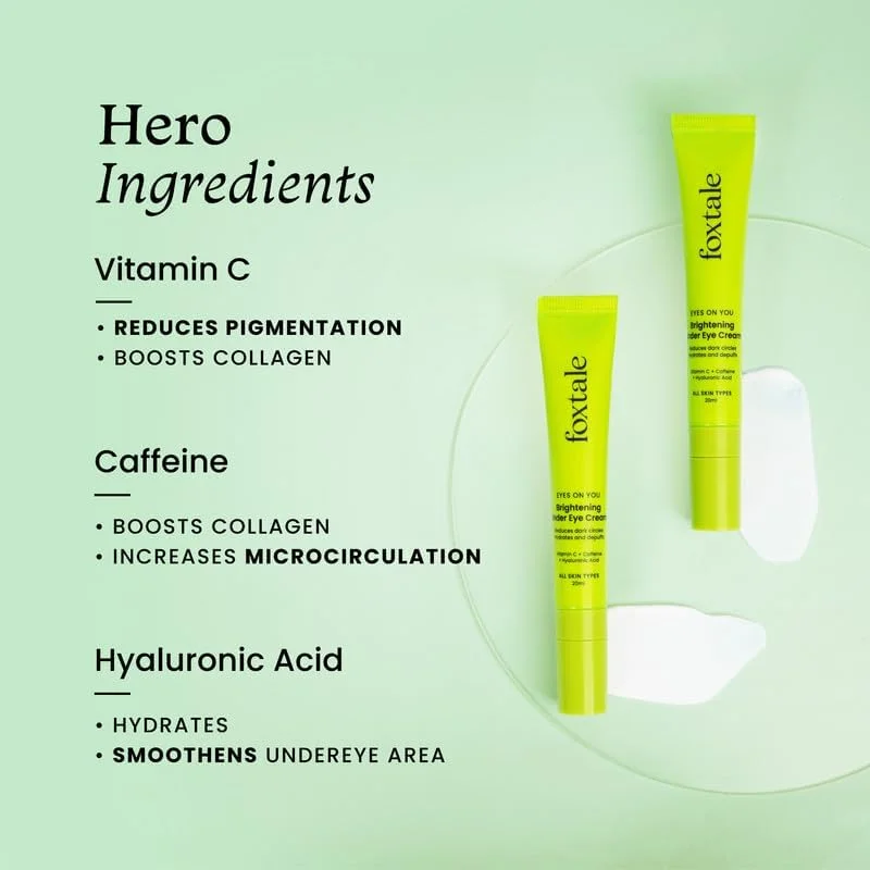 کرم روشن کننده دور چشم FoxTale | ویتامین C، کافئین و اسید هیالورونیک | کاهش تیرگی و پف زیر چشم | روشن کننده زیر چشم با نوک سرامیکی | مناسب انواع پوست | برای آقایان و بانوان | 20 میلی لیتر