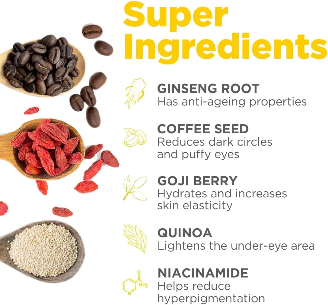 کرم دور چشم پاور بلند HAPPIER | کاهش خطوط ریز و پف دور چشم | جلوگیری از علائم پیری، روشن کننده حلقه های تیره | غنی شده با ویتامین C و سایر مواد طبیعی | مناسب برای انواع پوست