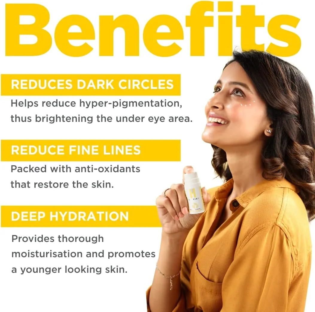 کرم دور چشم پاور بلند HAPPIER | کاهش خطوط ریز و پف دور چشم | جلوگیری از علائم پیری، روشن کننده حلقه های تیره | غنی شده با ویتامین C و سایر مواد طبیعی | مناسب برای انواع پوست