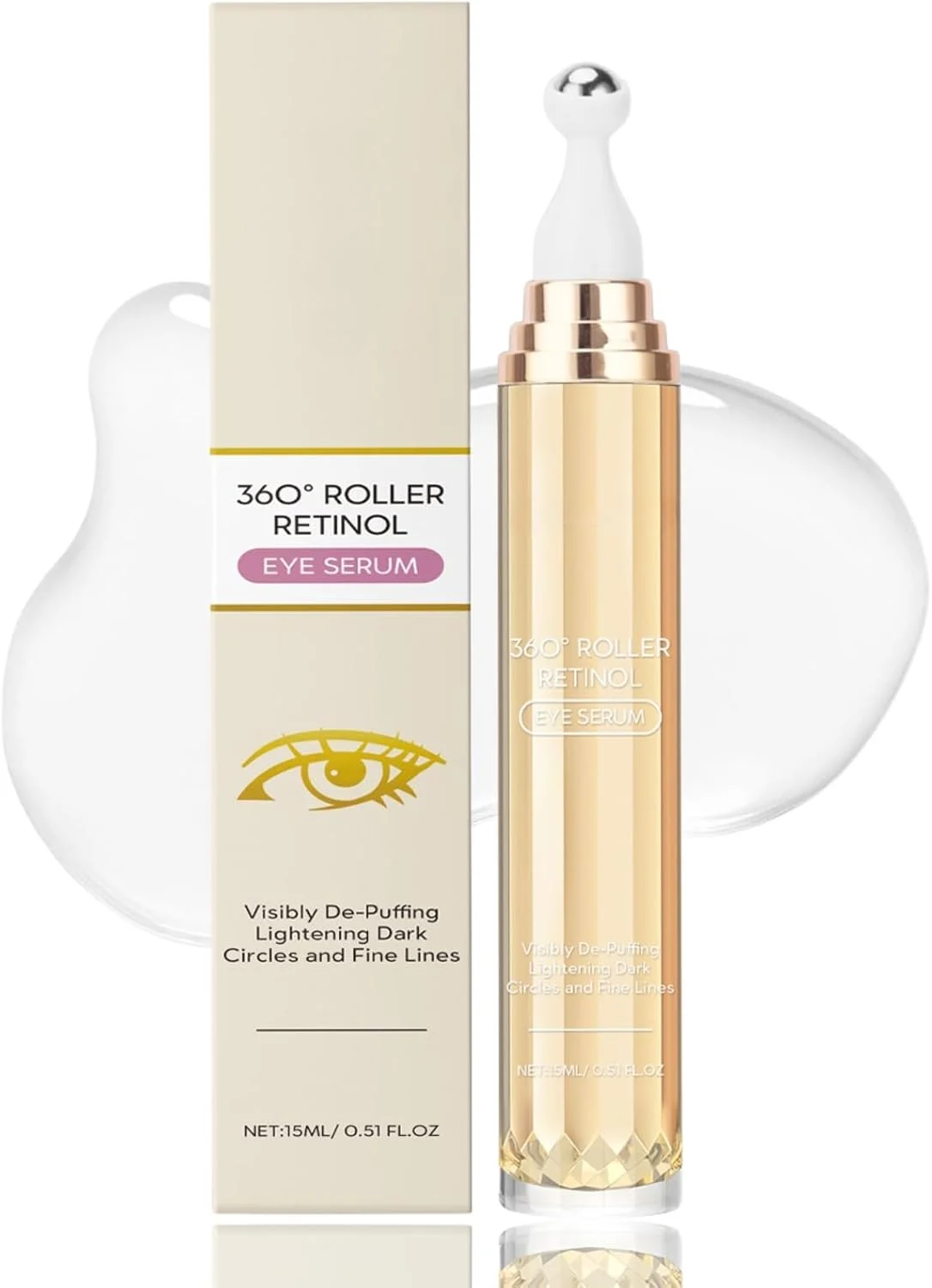 کرم دور چشم رتینول HIQUAY با غلتک 360 درجه، سرم آبرسان برای سیاهی و پف زیر چشم، ترمیم کننده ضد پیری با اسید هیالورونیک، فرمول کلاژن برای صاف کردن چین و چروک، درمان زیر چشم برای درخشان شدن