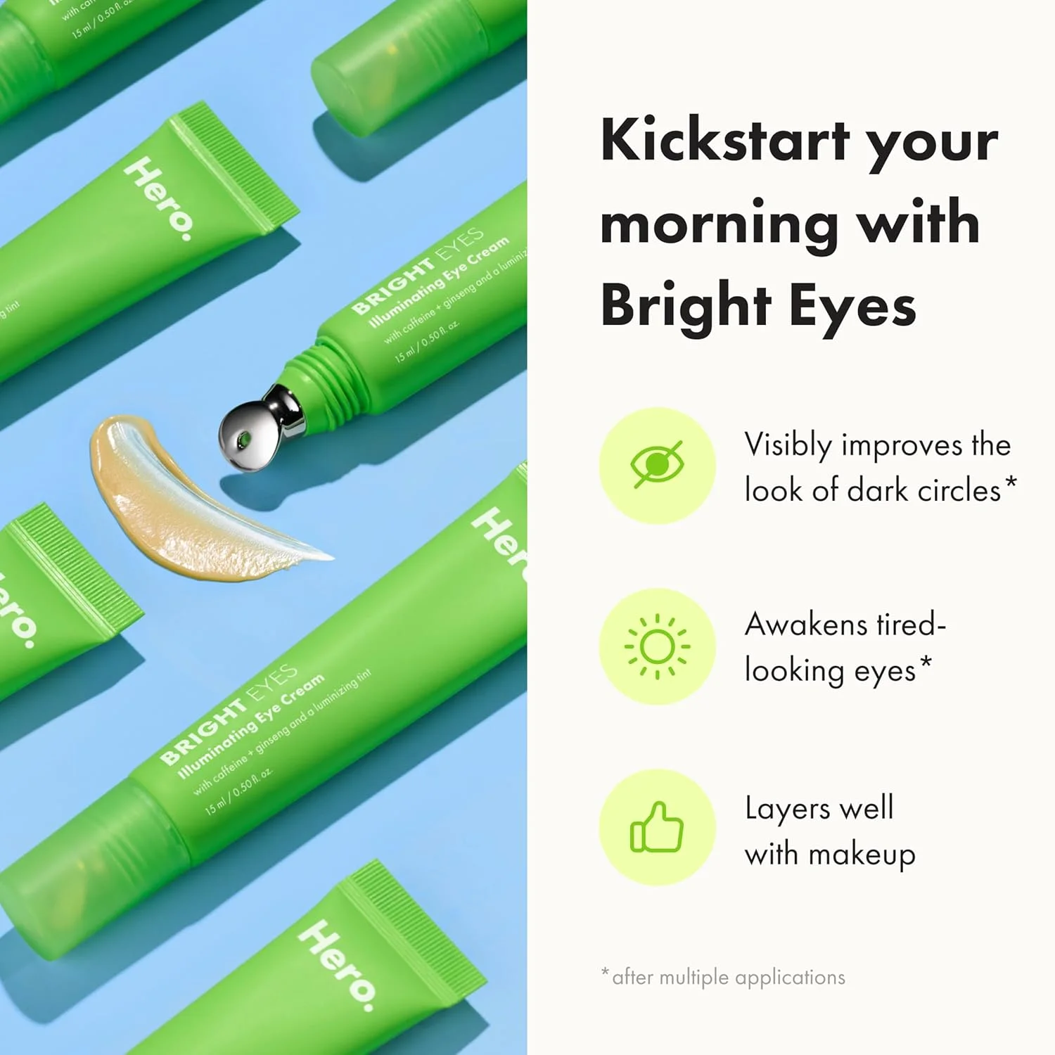 کرم روشن کننده دور چشم HERO COSMETICS Bright Eyes - کاهش ظاهر حلقه های تیره با استفاده مکرر - دارای نوک استیل ضد زنگ برای اثر خنک کننده (15 میلی لیتر)