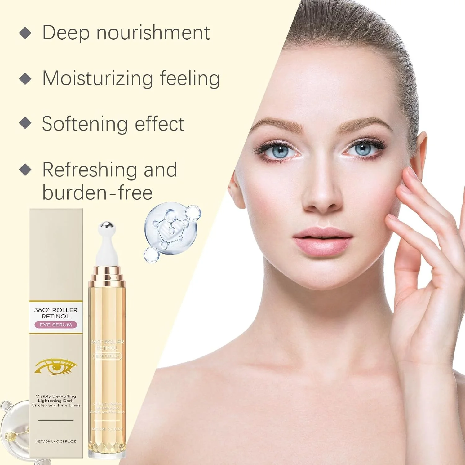 کرم دور چشم رتینول HIQUAY با غلتک 360 درجه، سرم آبرسان برای سیاهی و پف زیر چشم، ترمیم کننده ضد پیری با اسید هیالورونیک، فرمول کلاژن برای صاف کردن چین و چروک، درمان زیر چشم برای درخشان شدن