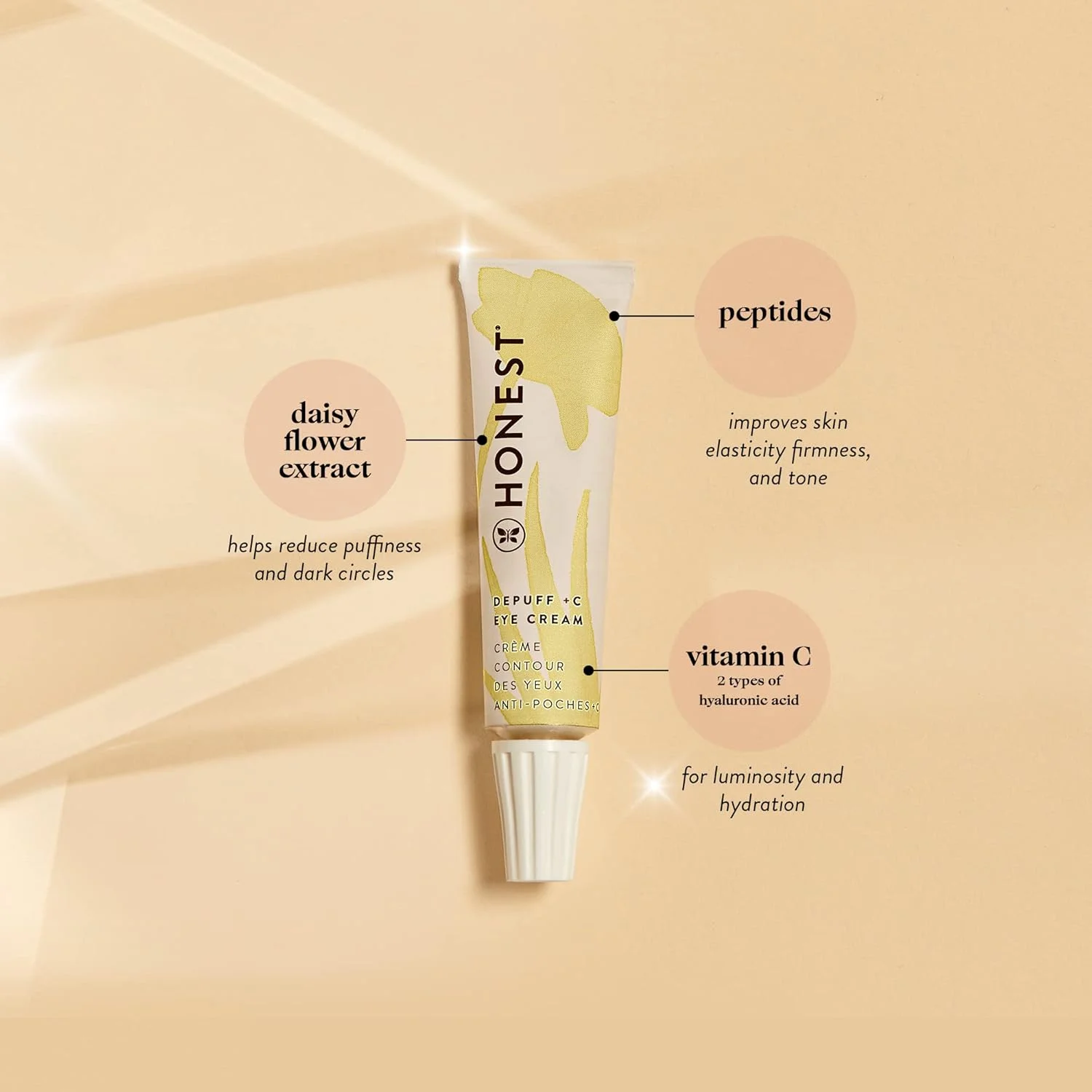 کرم دور چشم روشن کننده و ضد پف ویتامین C هانست بیوتی | کاهش تیرگی دور چشم | حاوی ویتامین C، عصاره گل بابونه، اسید هیالورونیک | دارای تاییدیه EWG، وگان و بدون تست حیوانی | 15 میلی لیتر