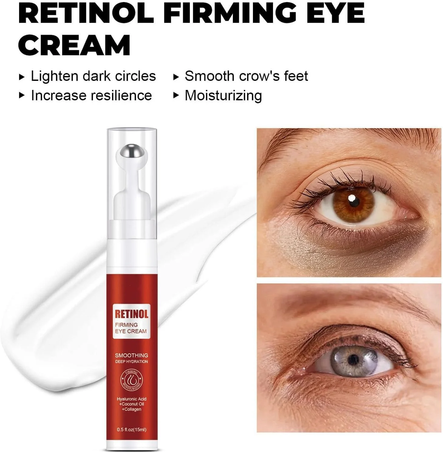 کرم دور چشم رتینول KASTWAVE برای سیاهی و پف زیر چشم، کرم دور چشم ضد پیری با توپ ماساژ 360 درجه، صاف کننده، سفت کننده و آبرسان، درمان مراقبت از پوست زیر چشم، کاهش چین و چروک و خطوط ریز دور چشم