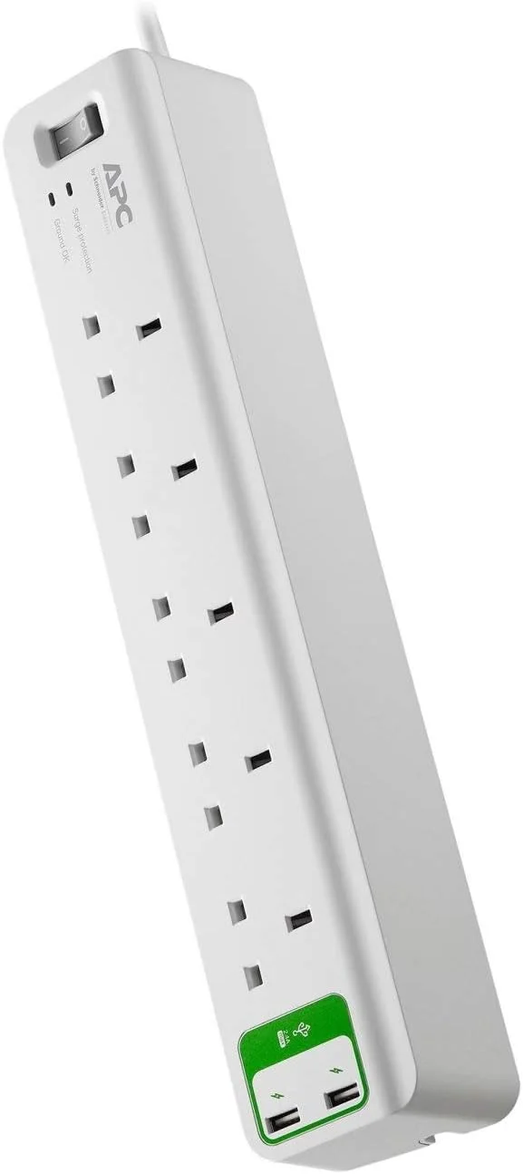 محافظ برق 5 پریز اشنایدر الکتریک APC Essential با شارژر USB دو پورت 5 ولت، 2.4 آمپر 230 ولت UK