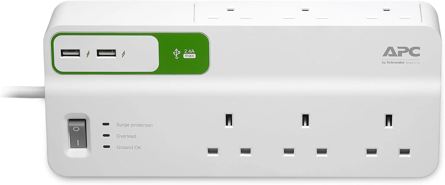 محافظ برق 6 پریز APC مدل Essential SurgeArrest به همراه شارژر USB دو پورت 5 ولت، 2.4 آمپر، 230 ولت UK محافظ برق 6 پریز APC مدل Essential SurgeArrest به همراه شارژر USB دو پورت 5 ولت، 2.4 آمپر، 230 ولت UK