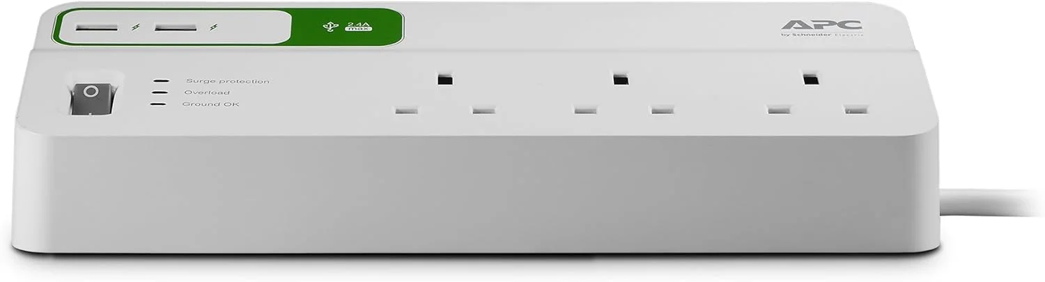محافظ برق 6 پریز APC مدل Essential SurgeArrest به همراه شارژر USB دو پورت 5 ولت، 2.4 آمپر، 230 ولت UK محافظ برق 6 پریز APC مدل Essential SurgeArrest به همراه شارژر USB دو پورت 5 ولت، 2.4 آمپر، 230 ولت UK