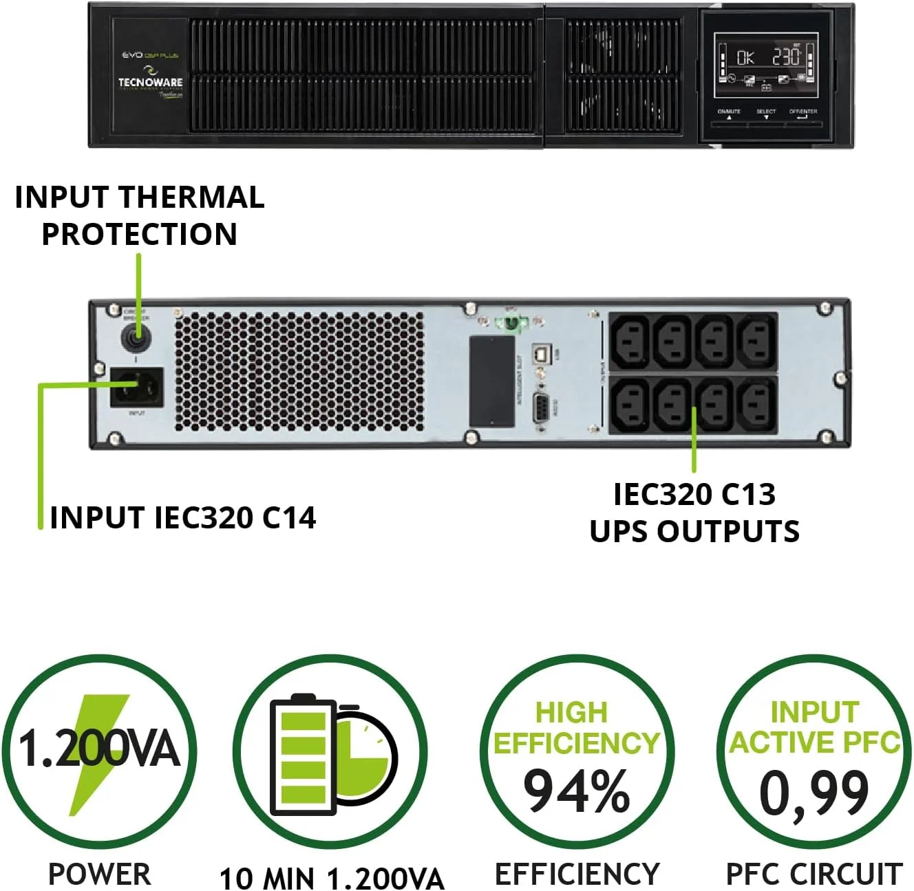 منبع تغذیه بدون وقفه تکنوویر EVO DSP PLUS 1200 - فناوری آنلاین، نصب برج، 8 خروجی IEC، استقلال تا 40 دقیقه VA