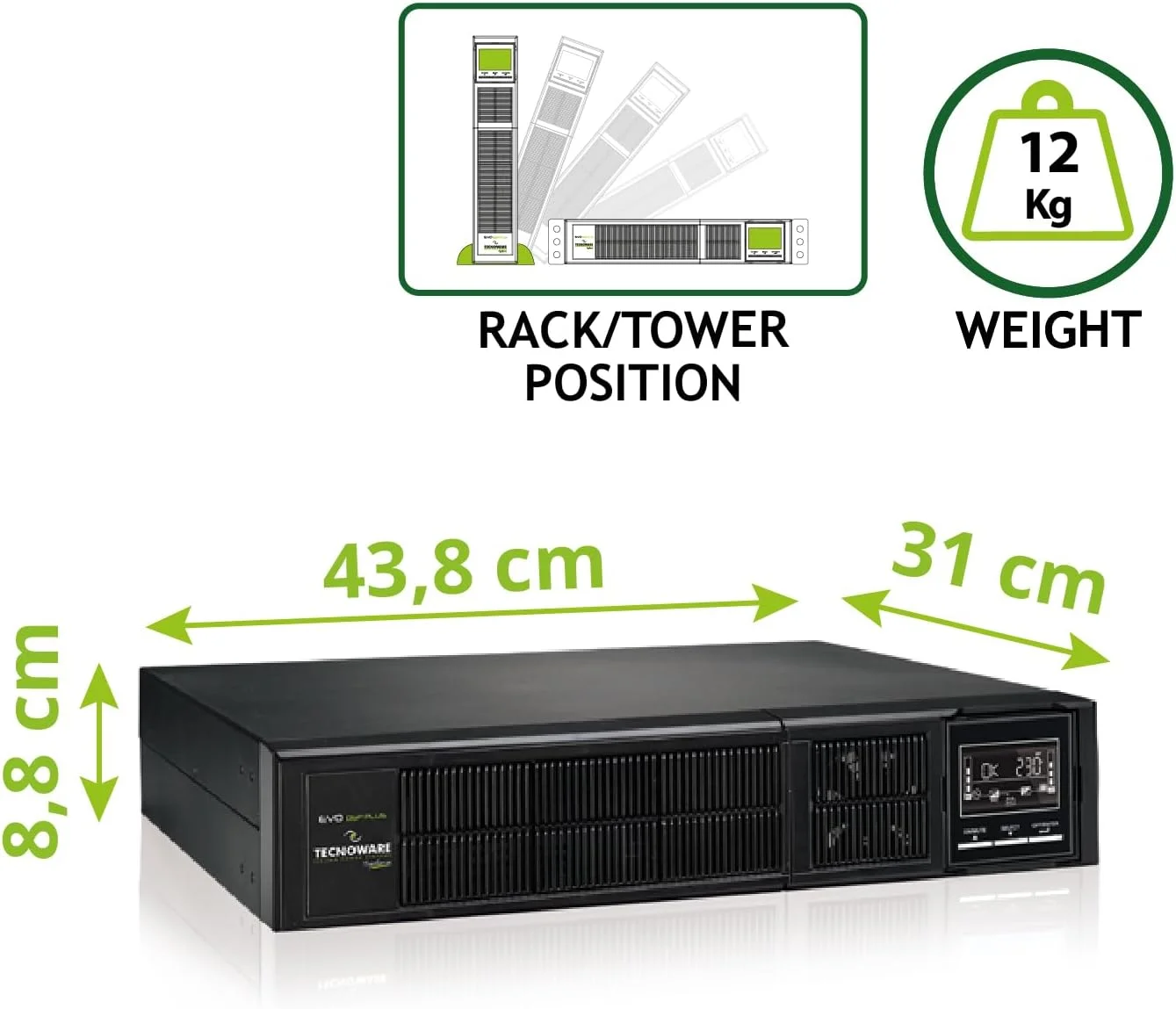 منبع تغذیه بدون وقفه تکنوویر EVO DSP PLUS 1200 - فناوری آنلاین، نصب برج، 8 خروجی IEC، استقلال تا 40 دقیقه VA