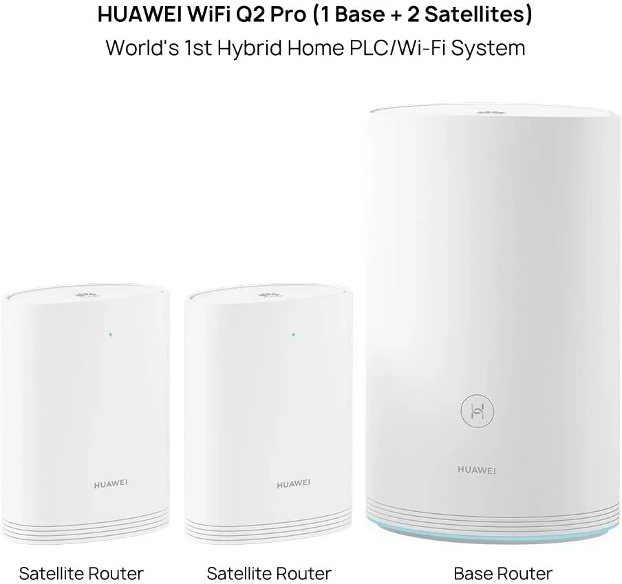 روتر HUAWEI HUW-WS5280-1PLUS2-WHT (1 پایه + 2 ماهواره)، سیستم وای فای خانگی Q2 Pro، پاورلاین گیگابیتی، پورت های GE کامل، رومینگ یکپارچه، تاخیر کمتر، پلاگ اند پلی - سفید