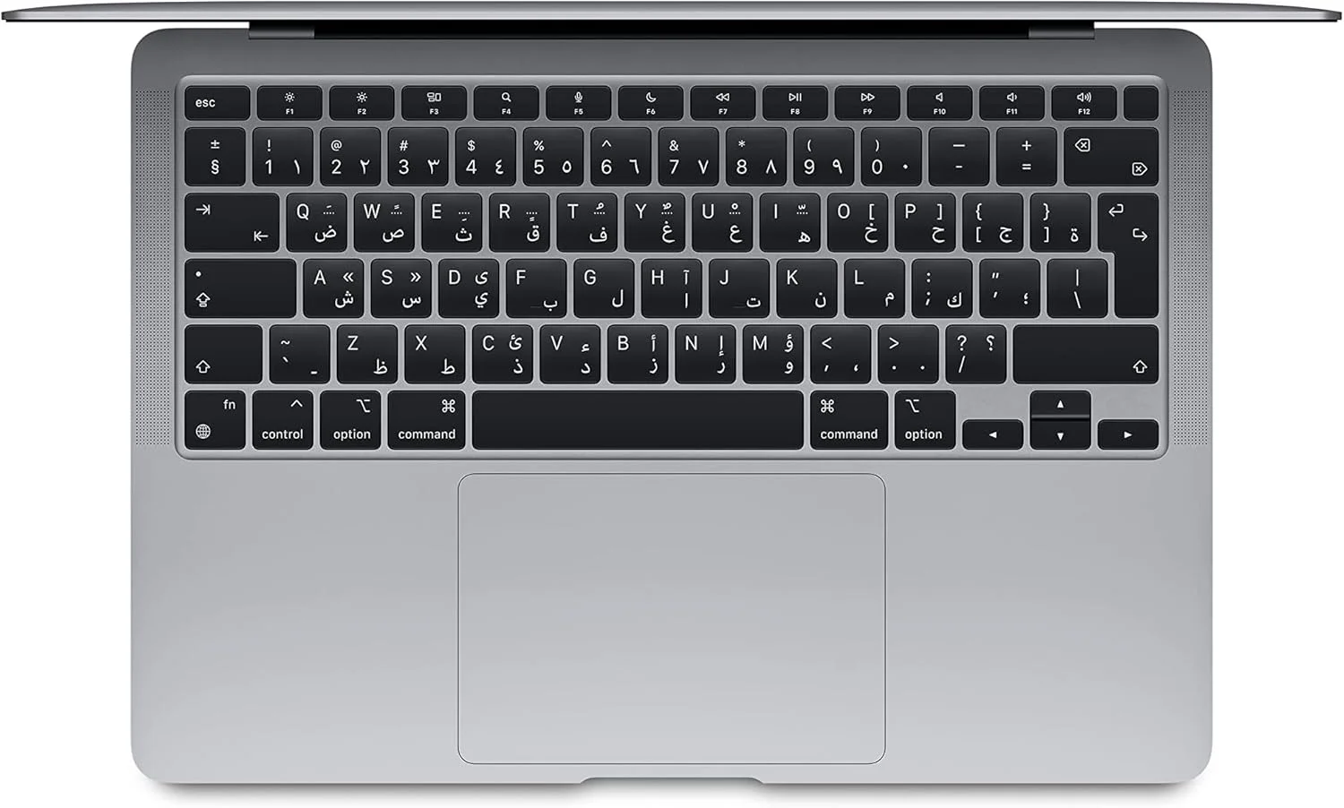 لپ تاپ Apple MacBook Air 2020: تراشه Apple M1، صفحه نمایش رتینا 13 اینچی، 8 گیگابایت رم، 256 گیگابایت حافظه SSD، صفحه کلید با نور پس زمینه، دوربین FaceTime HD، Touch ID. سازگار با iPhone/iPad؛ خاکستری فضایی؛ عربی/انگلیسی