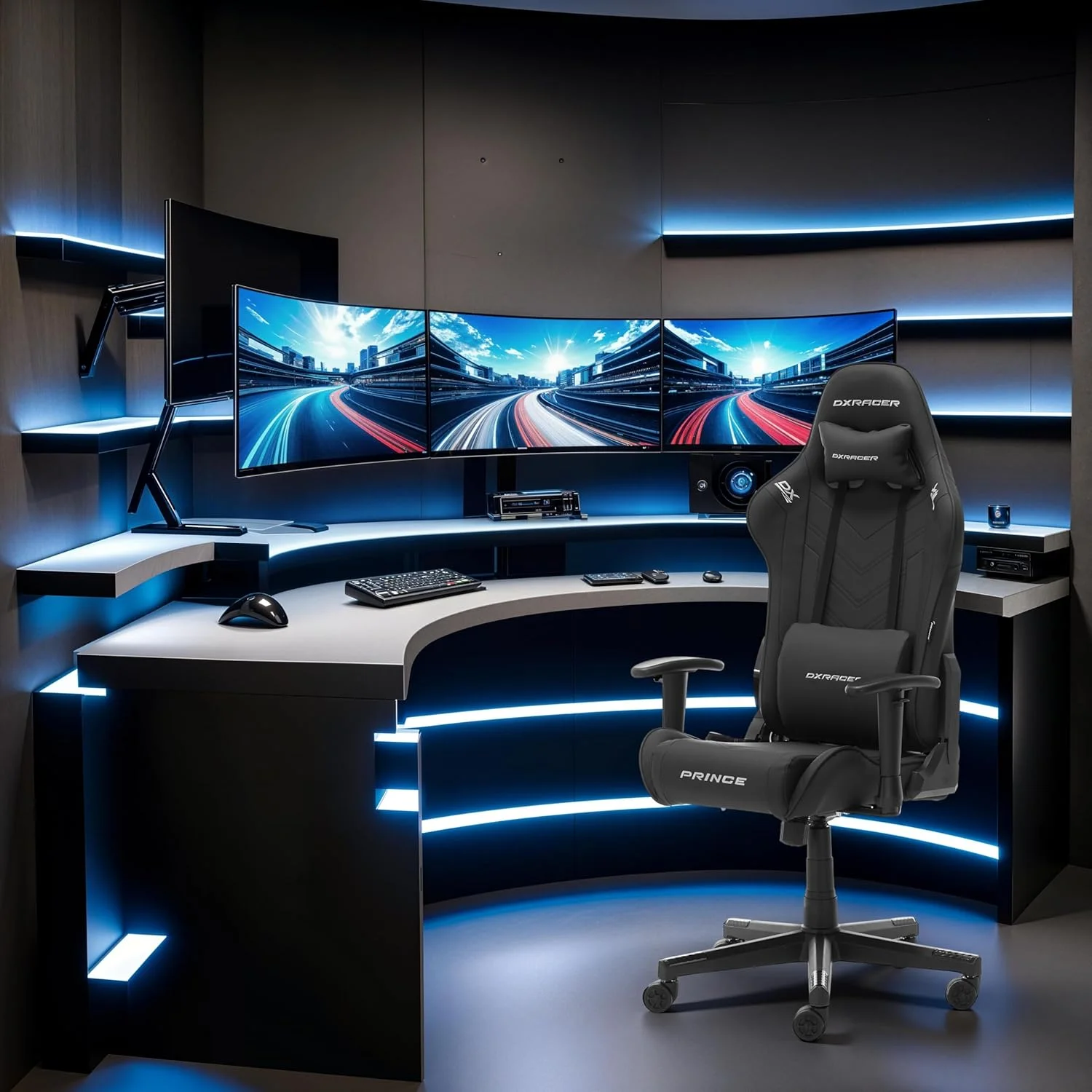 صندلی گیمینگ/اداری/میز DXRacer Prince L PF132 با عملکرد گهواره ای، صندلی گیمینگ با قابلیت تنظیم ارتفاع، صندلی گردان، صندلی کامپیوتر، صندلی مدیریتی ارگونومیک - مشکی