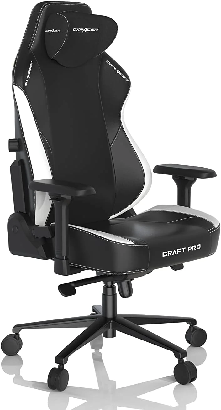 صندلی گیمینگ حرفه ای DXRacer Craft Pro، نشیمنگاه فوق العاده پهن و ضخیم، دسته های قابل تنظیم، روکش محافظ دست ضد نیشگون، تکیه گاه سر فوم حافظه دار - سفید و آبی