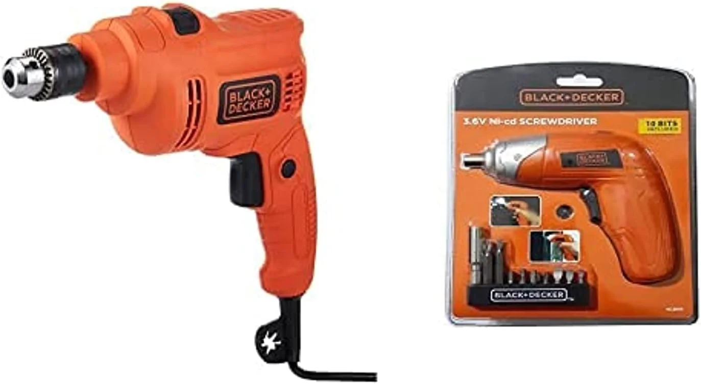 دریل چکشی برقی 550 وات 10 میلی‌متری Black & Decker + کیت پیچ گوشتی برقی شارژی 3.6 ولت لیتیوم یونی با مجموعه 10 عددی سری پیچ گوشتی، نارنجی/مشکی - KC3610-B5