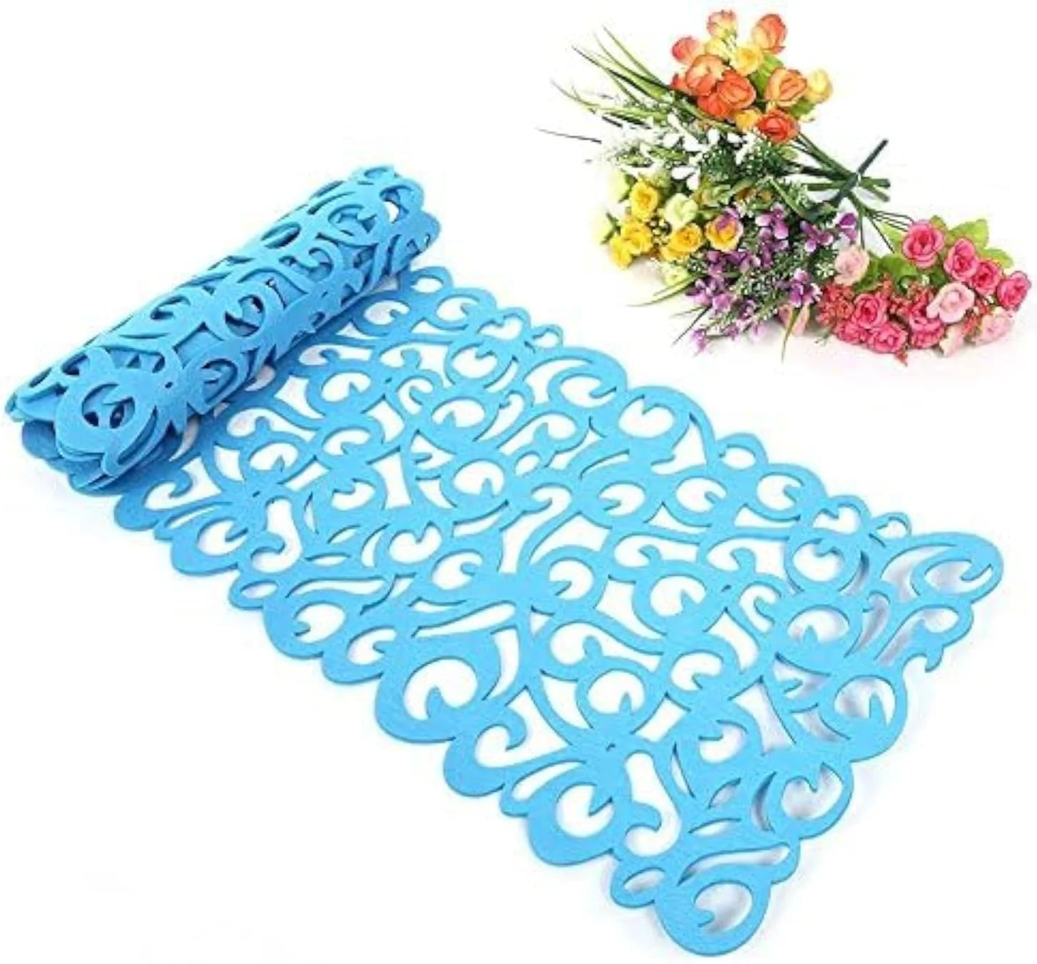 رانر رومیزی طرح گل توخالی، دکور میز قابل شستشو، تزئین اتاق، لوازم جانبی شیک میز، رومیزی زیبا برای خانه، قطعه مرکزی جذاب، چیدمان مدرن میز، آبی روشن (100x30 سانتی متر)