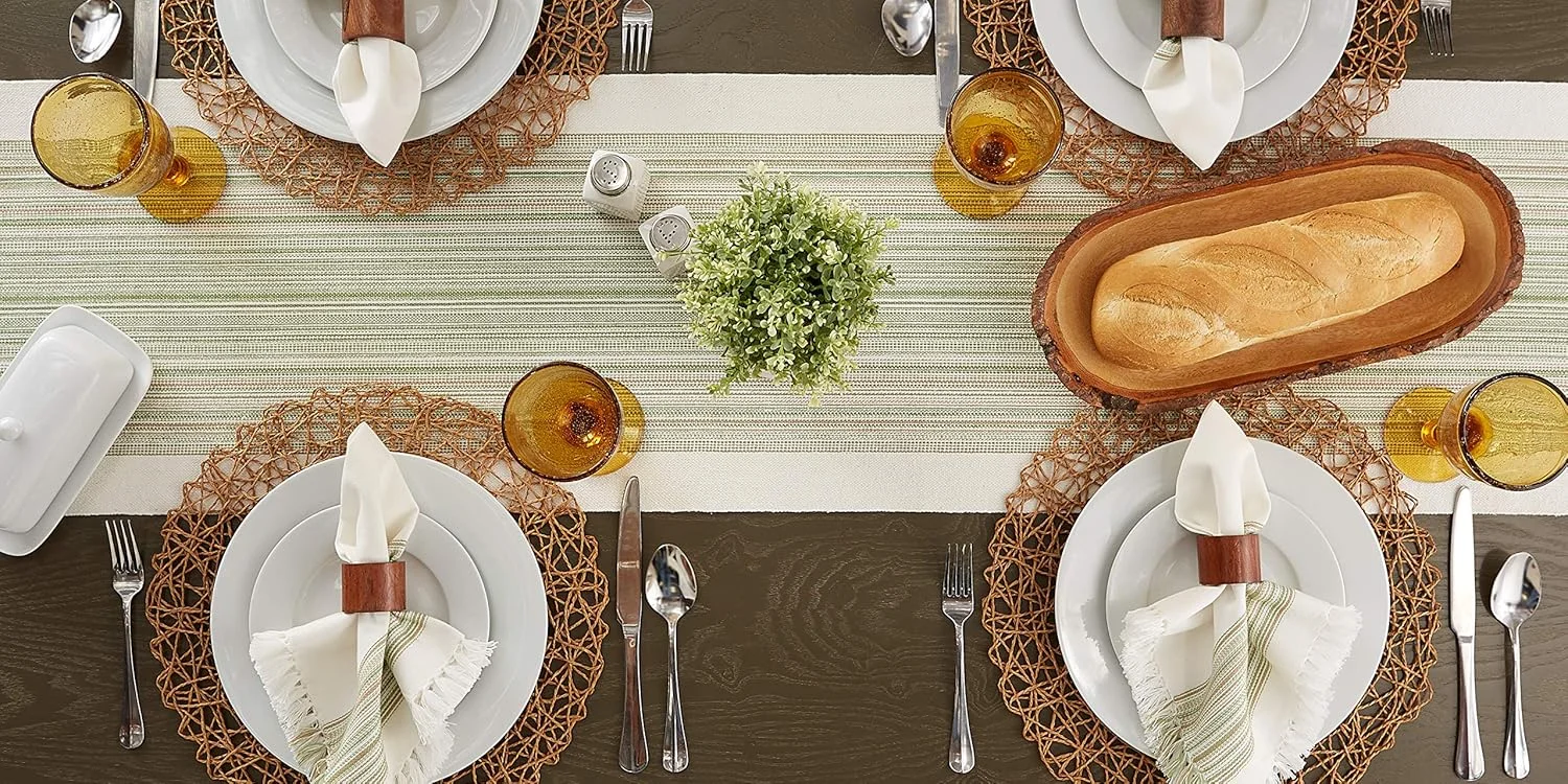 رانر رومیزی راه راه حاشیه دار مجموعه روزمره DII، 35x274 سانتی متر، آویشن رانر رومیزی راه راه حاشیه دار مجموعه روزمره DII، 35x274 سانتی متر، آویشن