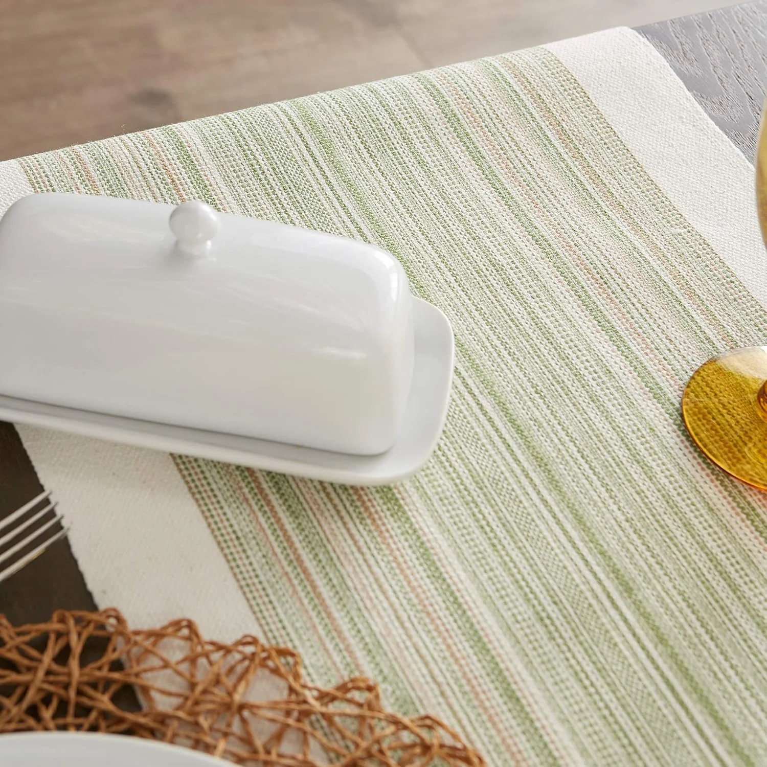 رانر رومیزی راه راه حاشیه دار مجموعه روزمره DII، 35x274 سانتی متر، آویشن رانر رومیزی راه راه حاشیه دار مجموعه روزمره DII، 35x274 سانتی متر، آویشن