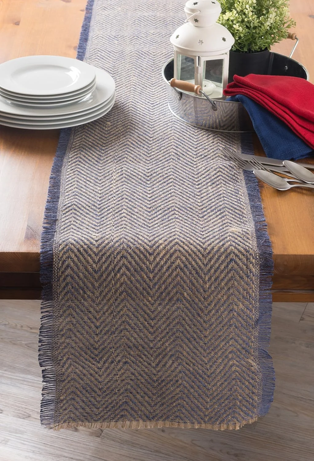 رانر رومیزی آشپزخانه DII، کنفی، طرح زیگزاگی آبی، 35x183 سانتی متر رانر رومیزی آشپزخانه DII، کنفی، طرح زیگزاگی آبی، 35x183 سانتی متر