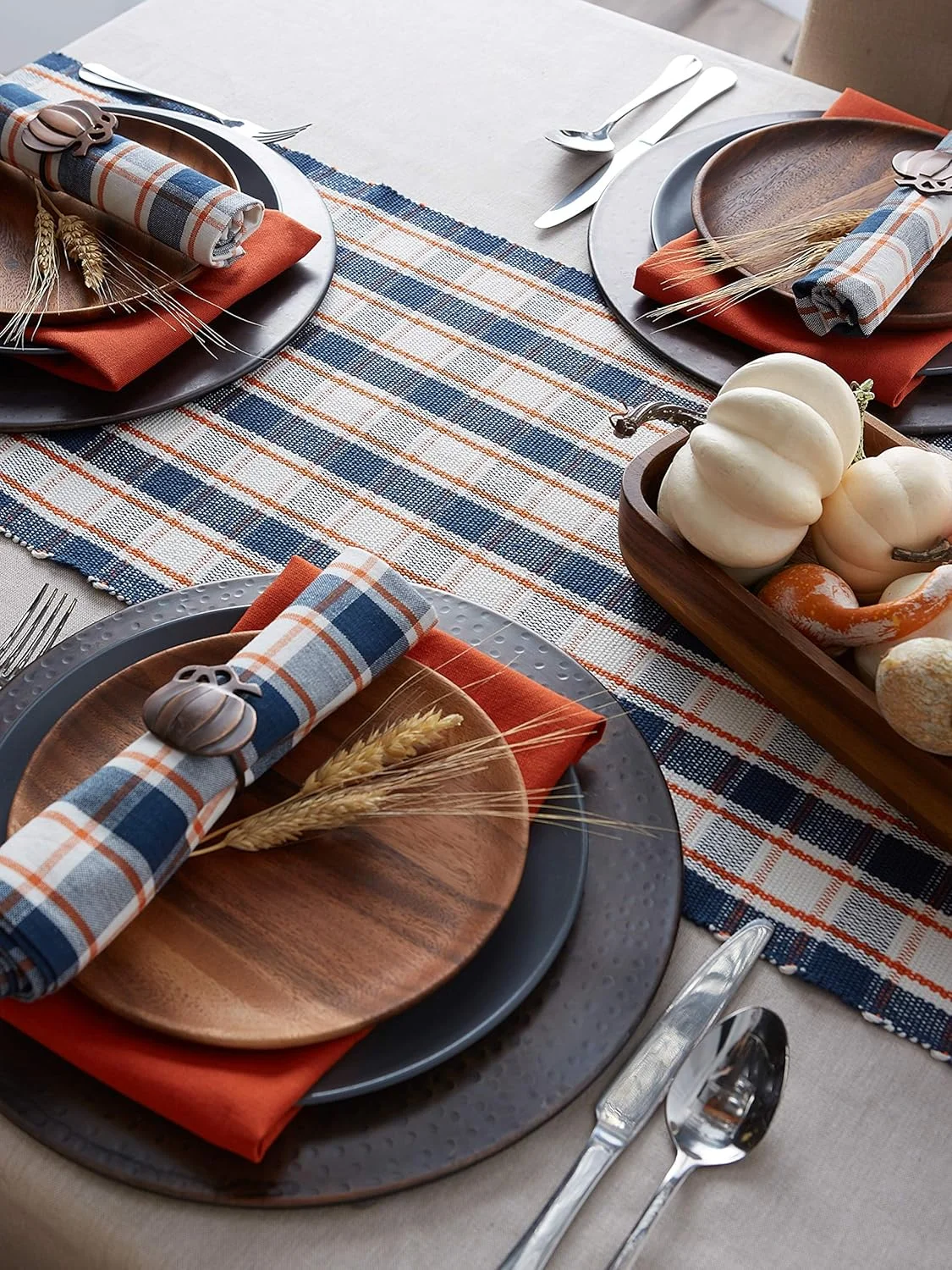 رانر رومیزی طرح پاییز و مزرعه، چهارخانه راه راه، ۱۳x۷۲، آبی و نارنجی رانر رومیزی طرح پاییز و مزرعه، چهارخانه راه راه، ۱۳x۷۲، آبی و نارنجی