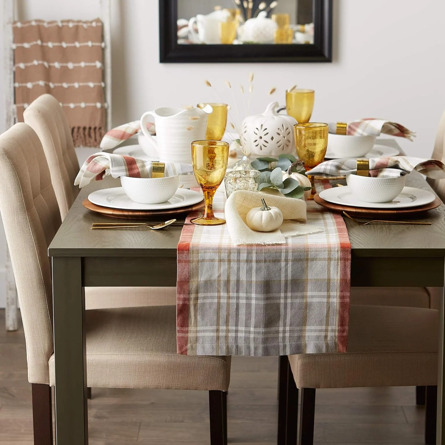 رانر رومیزی پاییزی طرح چهارخانه پیک نیک دنج، سایز 35x183 سانتی متر