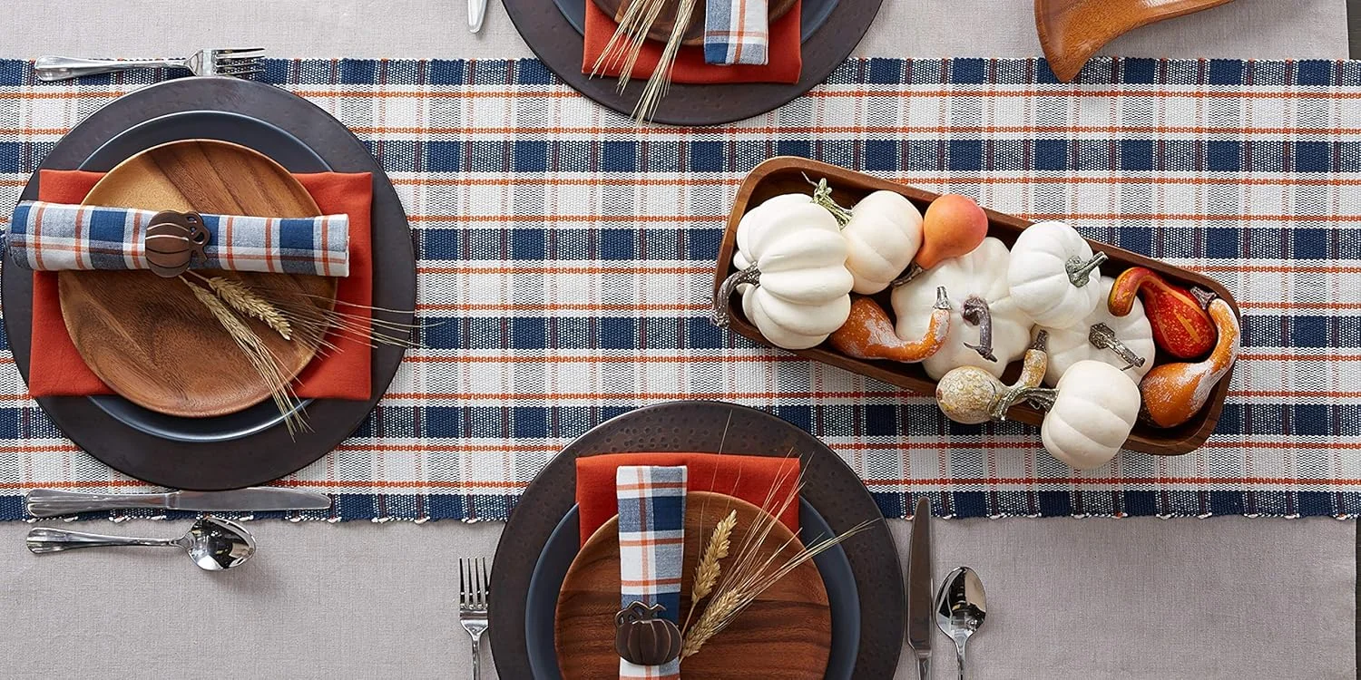 رانر رومیزی طرح پاییزه DII، طرح چهارخانه مزرعه، راه راه، 33x183 سانتی متر، آبی و نارنجی رانر رومیزی طرح پاییزه DII، طرح چهارخانه مزرعه، راه راه، 33x183 سانتی متر، آبی و نارنجی