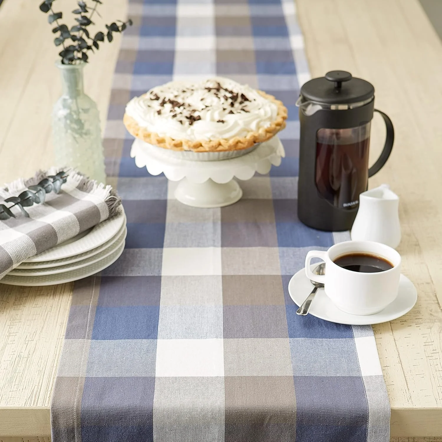 رانر رومیزی سه رنگ DII، طرح چهارخانه، 100% پنبه، 35x183 سانتی متر، آبی فرانسوی