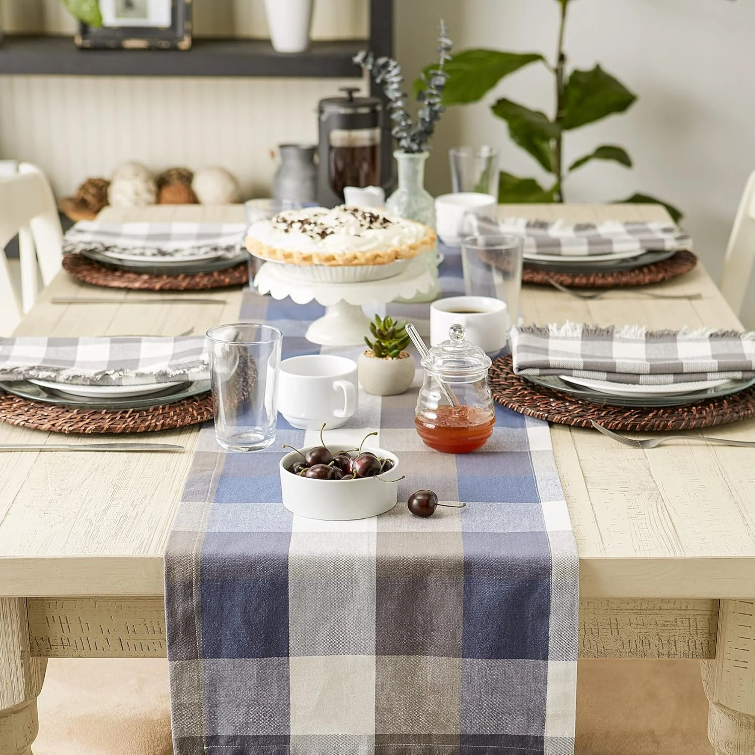 رانر رومیزی سه رنگ DII، طرح چهارخانه، 100% پنبه، 35x183 سانتی متر، آبی فرانسوی