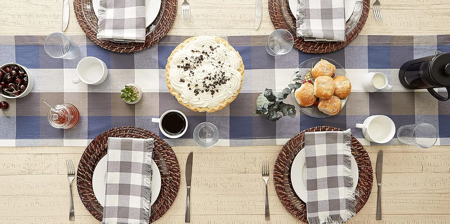 رانر رومیزی سه رنگ DII، طرح چهارخانه، 100% پنبه، 35x183 سانتی متر، آبی فرانسوی