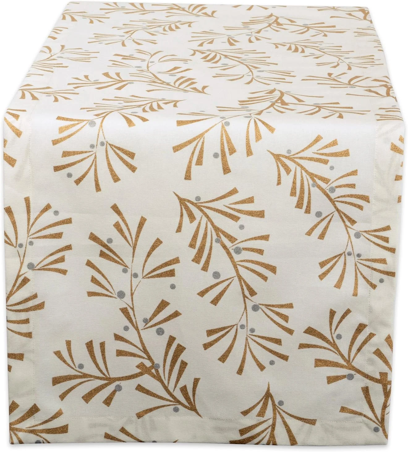 رانر رومیزی طرح دار فلزی DII، 100% پنبه، قابل شستشو در ماشین لباسشویی، مناسب مهمانی ها، کریسمس و تعطیلات - 35x274 سانتی متر، برگ های فلزی هالی