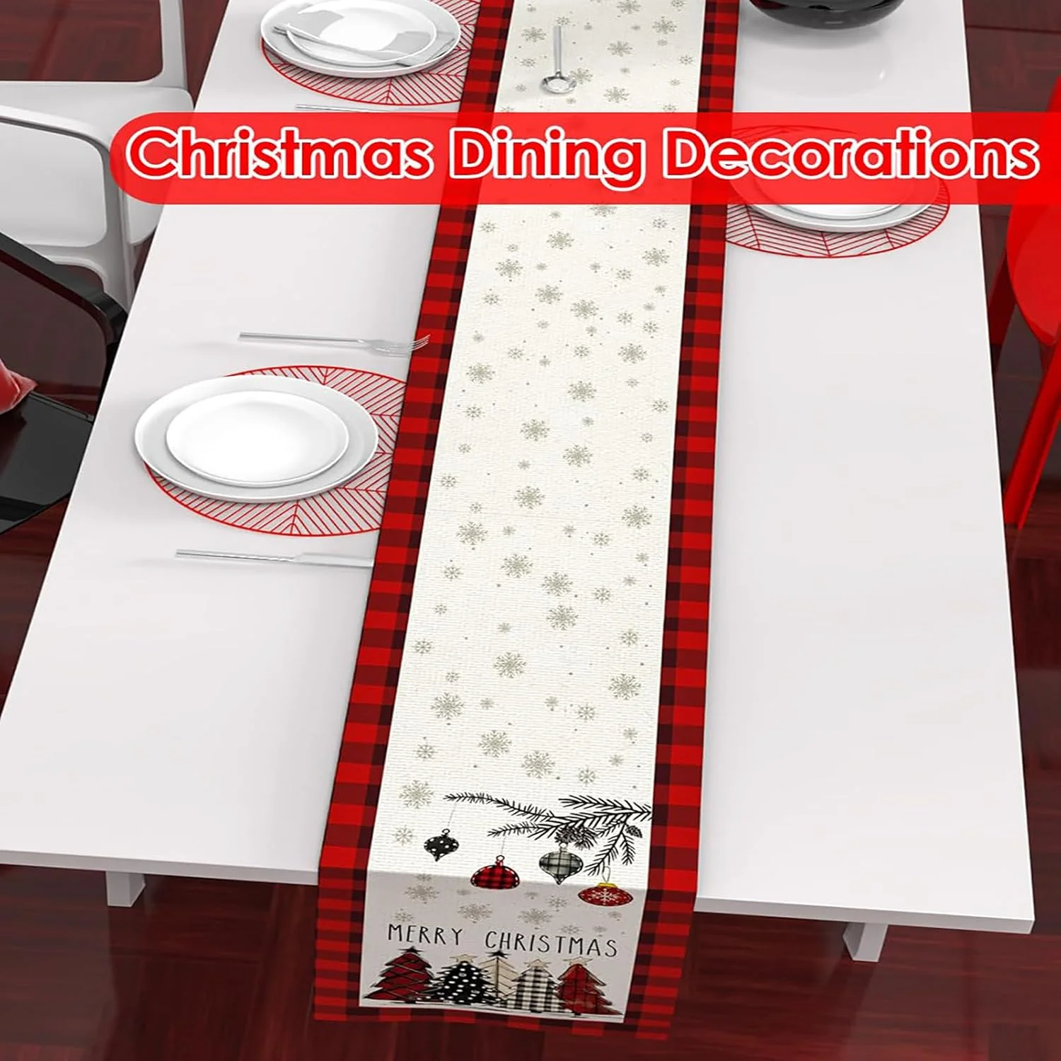 رانر رومیزی کریسمس، رانر رومیزی طرح درخت کریسمس، رومیزی بوفالو مناسب میز ناهارخوری برای دکوراسیون فصلی زمستانی جشن تعطیلات کریسمس، مناسب مهمانی، عروسی، طول 180 سانتی متر، 2 عدد