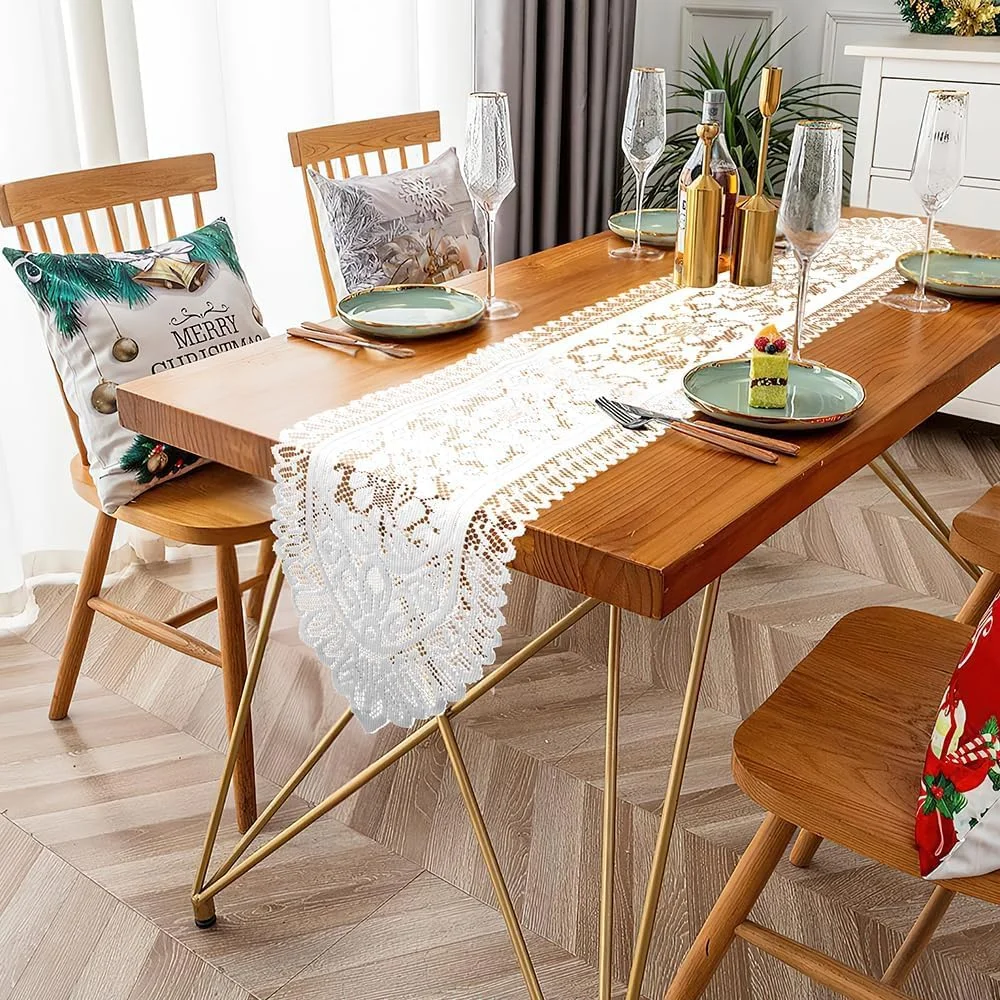 رانر رومیزی بوهو فارم هاوس، رومیزی توری مستطیلی بافته شده از جنس پنبه سفید برای عروسی، جشن نامزدی، آشپزخانه، دکور میز غذاخوری، رانرهای میز قهوه خوری روستیک با لبه های منگوله دار (سبک طبیعی)