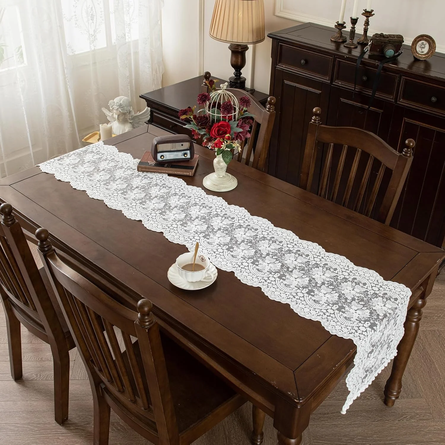 رانر رومیزی توری سفید، روکش میز پنبه ای گلدوزی شده، رومیزی گلدار وینتیج، دکور مهمانی عروسی، رومیزی برای عصرانه، 40x100 سانتی متر