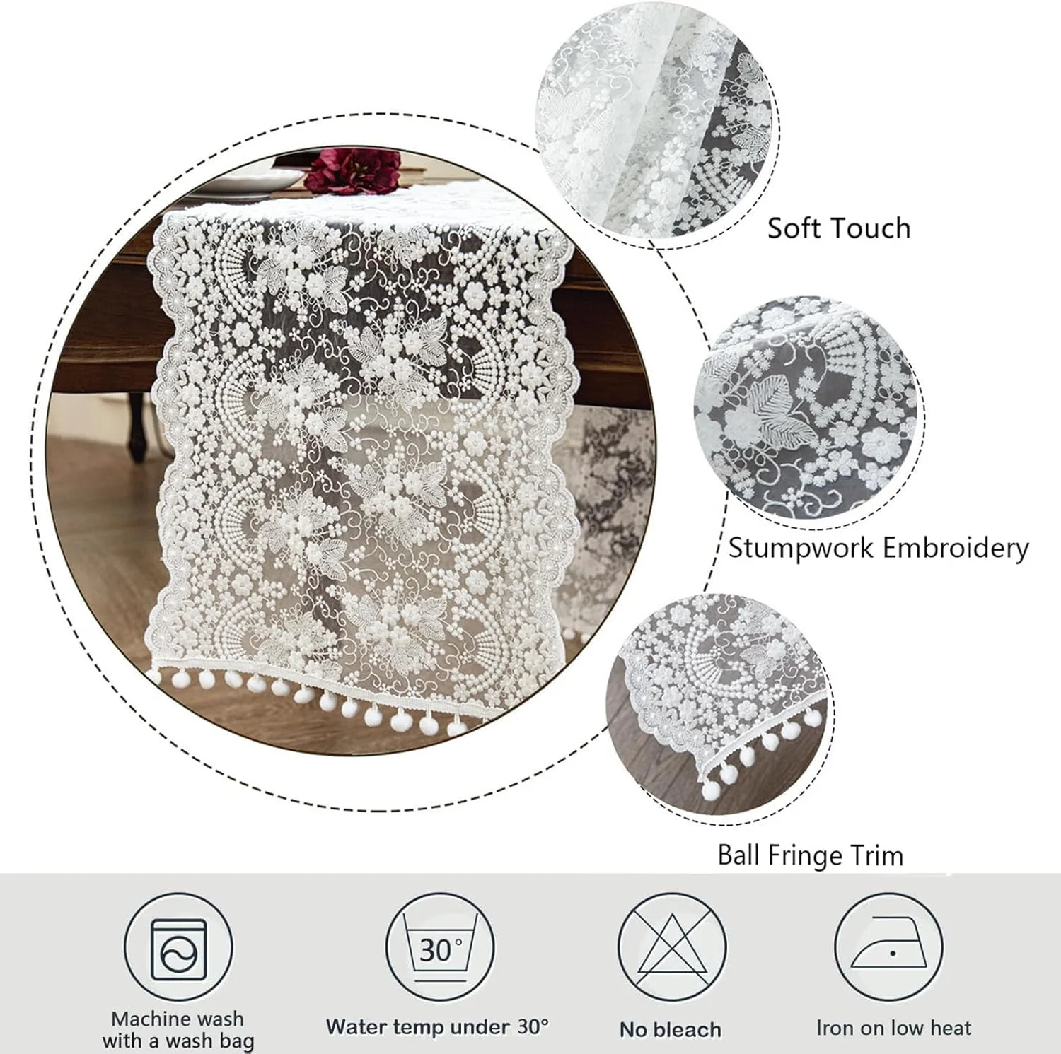 رانر رومیزی توری سفید، روکش میز پنبه ای گلدوزی شده، رومیزی گلدار وینتیج، دکور مهمانی عروسی، رومیزی برای عصرانه، 40x100 سانتی متر