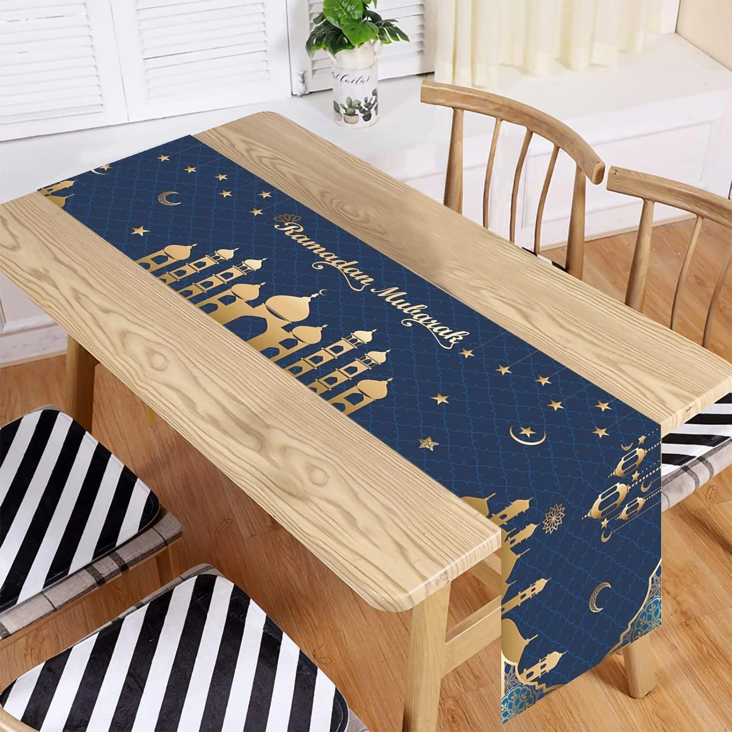 رانر رومیزی آبی طلایی KASTWAVE، رومیزی طرح ماه و ستاره، رانر غذاخوری آشپزخانه تعطیلات زمستانی برای دکوراسیون مهمانی منزل، دکوراسیون فصلی میز آشپزخانه مسلمانان، لوازم مهمانی اسلامی، 32x180 سانتی متر