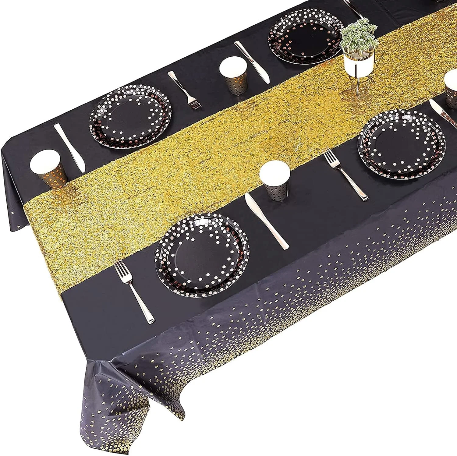 ست رومیزی و رانر پولکی مشکی و طلایی ELECDON، روکش میز پلاستیکی مستطیلی شیک برای مهمانی ها، ایده آل برای جشن های فارغ التحصیلی، تولد و سالگرد ست رومیزی و رانر پولکی مشکی و طلایی ELECDON، روکش میز پلاستیکی مستطیلی شیک برای مهمانی ها، ایده آل برای جشن های فارغ التحصیلی، تولد و سالگرد