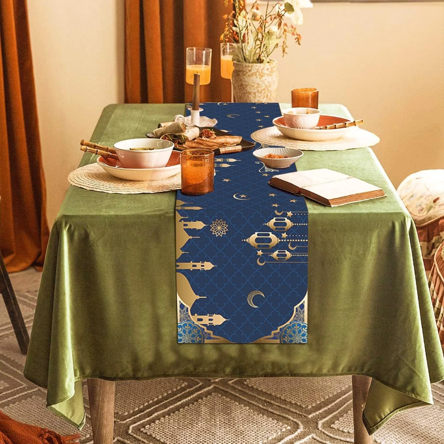رانر رومیزی آبی طلایی KASTWAVE، رومیزی طرح ماه و ستاره، رانر غذاخوری آشپزخانه تعطیلات زمستانی برای دکوراسیون مهمانی منزل، دکوراسیون فصلی میز آشپزخانه مسلمانان، لوازم مهمانی اسلامی، 32x180 سانتی متر