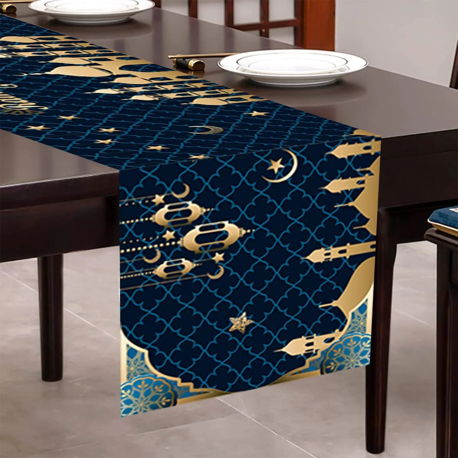 رانر رومیزی آبی طلایی KASTWAVE، رومیزی طرح ماه و ستاره، رانر غذاخوری آشپزخانه تعطیلات زمستانی برای دکوراسیون مهمانی منزل، دکوراسیون فصلی میز آشپزخانه مسلمانان، لوازم مهمانی اسلامی، 32x180 سانتی متر