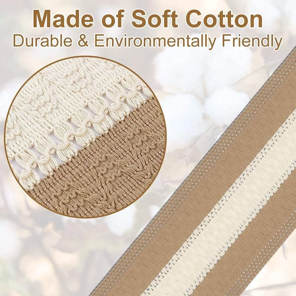 رانر رومیزی مکرومه KASTWAVE، رانر رومیزی کنفی به سبک مزرعه، رانر رومیزی بوهمی با منگوله، رانر رومیزی پنبه ای روستایی برای دکوراسیون میز غذاخوری و عروسی، 30 در 180 سانتی متر