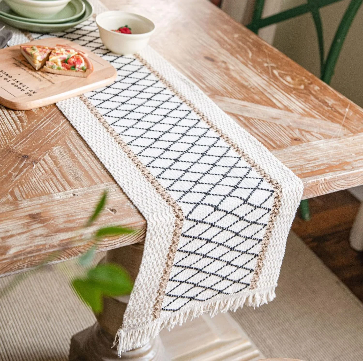 رانر رومیزی بوهو KASTWAVE، شیری رنگ، 183x30 سانتی متر، پنبه و جوت، طرح راه راه هندسی، ایده آل برای دکوراسیون بوهمی