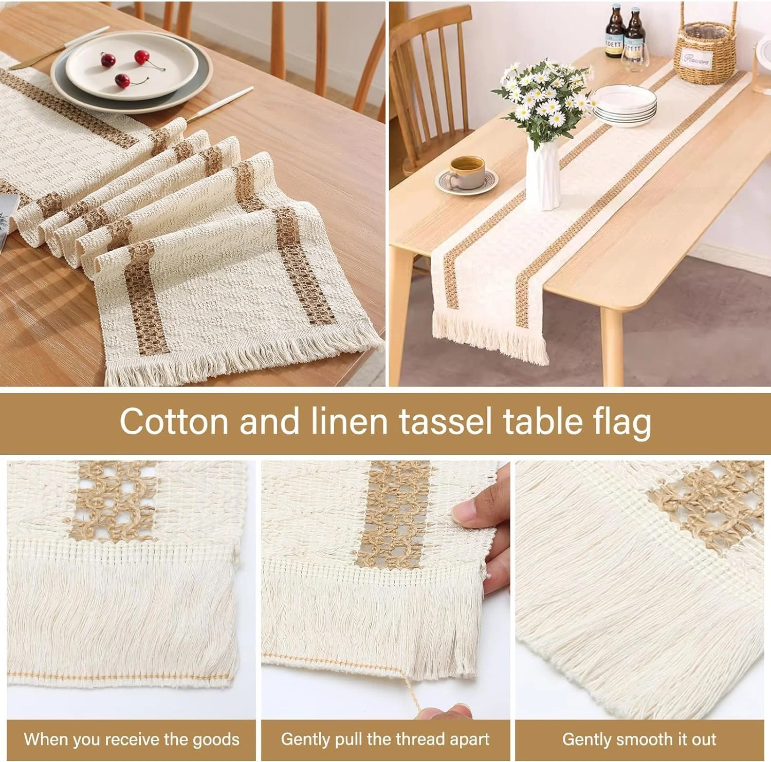 رانر رومیزی با منگوله، 30 در 120 سانتی متر، رانر میز ناهارخوری کتان و لینن، رانر میز مکرومه طرح بوهو، مناسب دکور میز آشپزخانه، مهمانی، تعطیلات و تولد