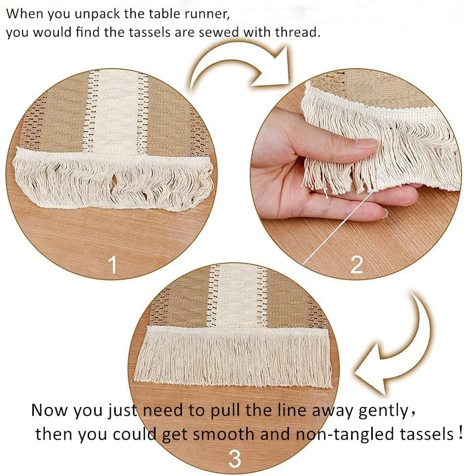 رانر رومیزی با منگوله، 30 در 120 سانتی متر، رانر میز ناهارخوری کتان و لینن، رانر میز مکرومه طرح بوهو، مناسب دکور میز آشپزخانه، مهمانی، تعطیلات و تولد