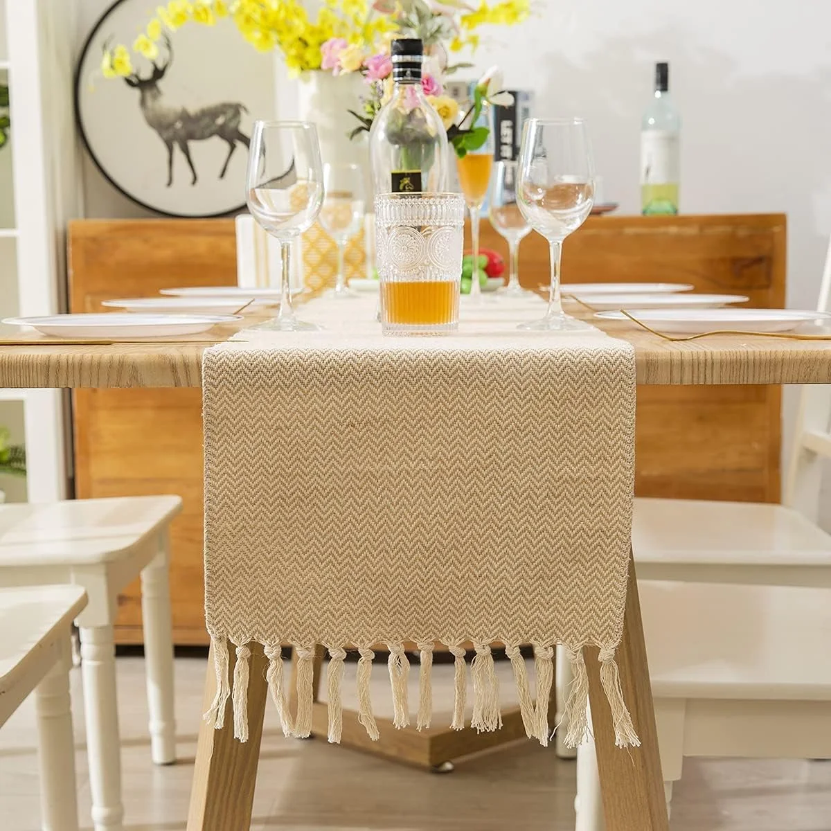 رانر رومیزی، رانر رومیزی روستایی کتان با منگوله دست ساز، دکور میز ۱۳ × ۷۲ اینچ برای مهمانی و تزئینات اتاق غذاخوری