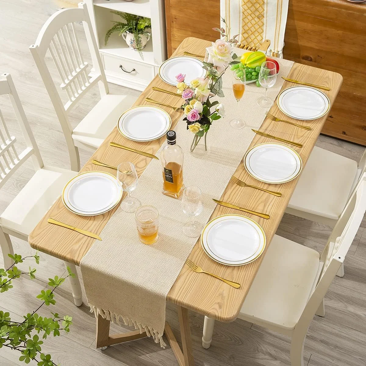 رانر رومیزی، رانر رومیزی روستایی کتان با منگوله دست ساز، دکور میز ۱۳ × ۷۲ اینچ برای مهمانی و تزئینات اتاق غذاخوری