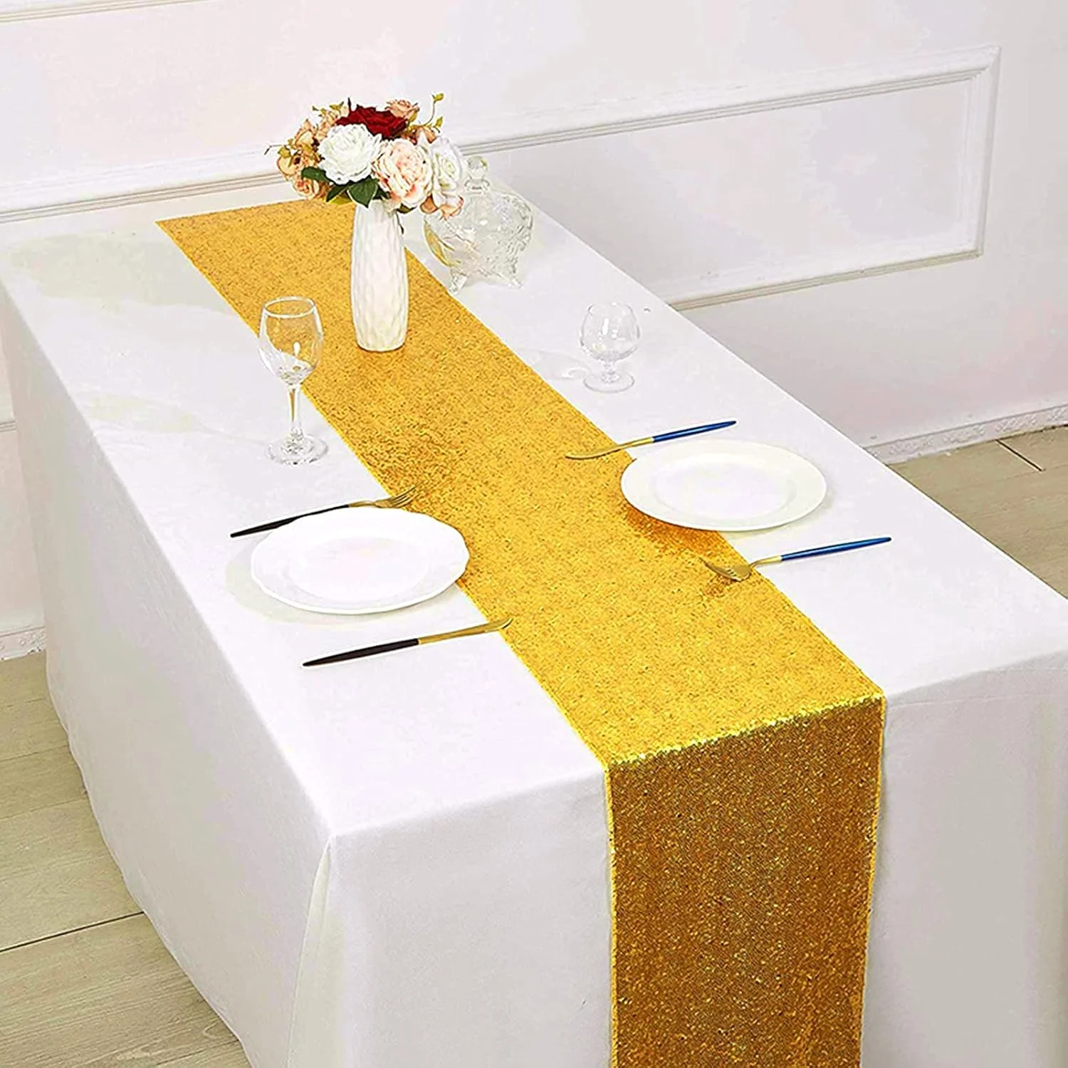رانر رومیزی پولکی، بسته 3 عددی رانر رومیزی ساتن، 30 در 182 سانتی متر، پارچه رومیزی پولکی، روکش میز مستطیلی درخشان، برای تولد، عروسی، مهمانی، دکوراسیون جشن تعطیلات، جشن نوزاد (طلایی)