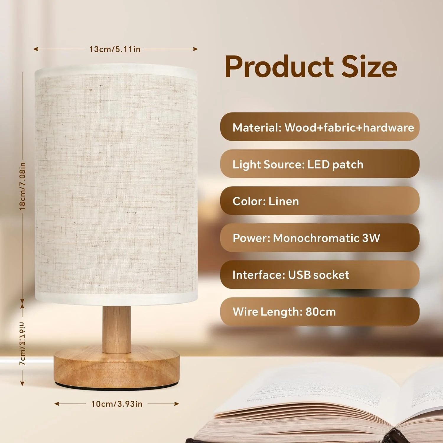 چراغ خواب کنار تختی Baytion، چراغ خواب گرم با شارژ USB، چراغ کنار تختی با آباژور پارچه ای و پایه چوبی برای اتاق خواب، اتاق کودک و اتاق نشیمن (کلید دکمه ای؛ نور ثابت)