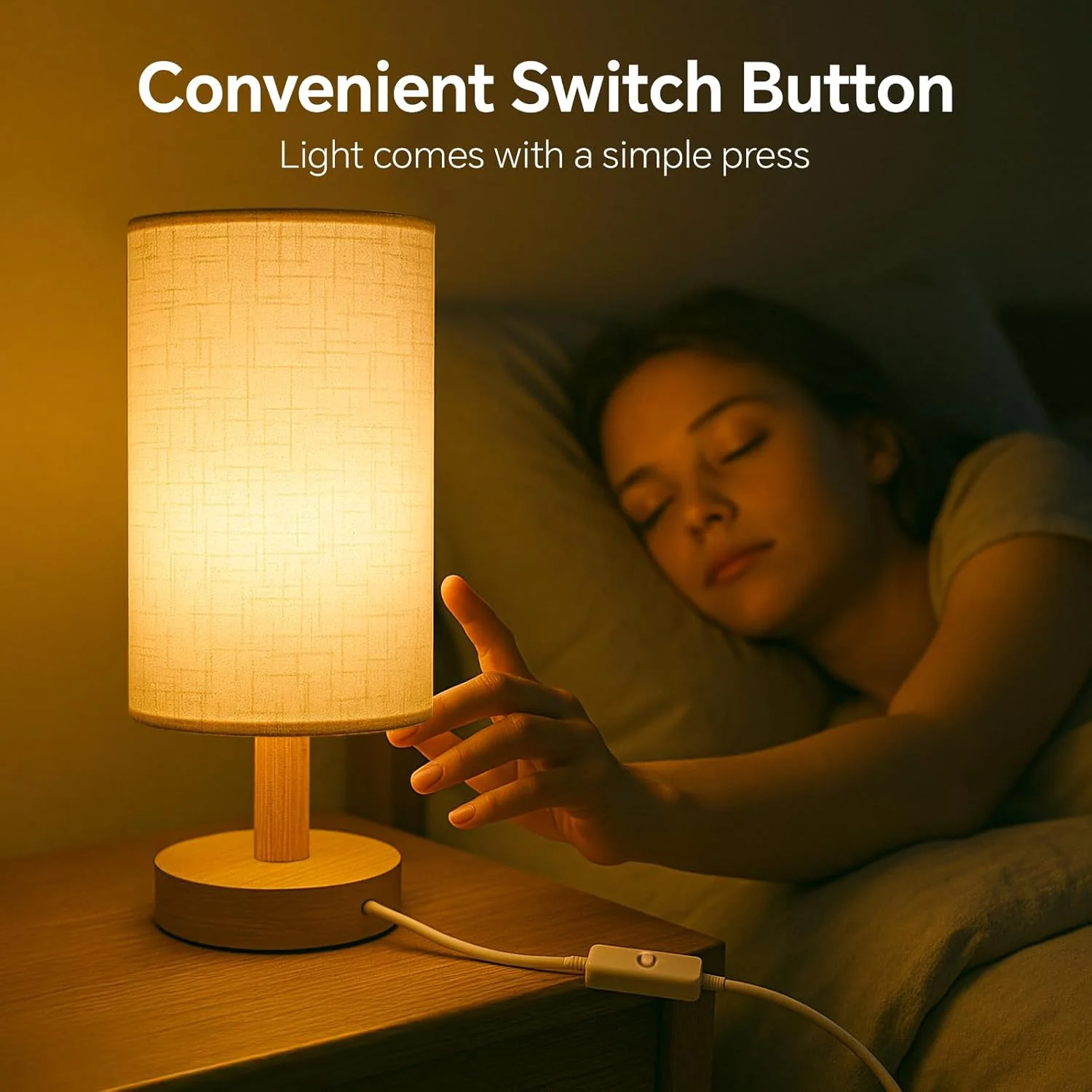 چراغ خواب کنار تختی Baytion، چراغ خواب گرم با شارژ USB، چراغ کنار تختی با آباژور پارچه ای و پایه چوبی برای اتاق خواب، اتاق کودک و اتاق نشیمن (کلید دکمه ای؛ نور ثابت)