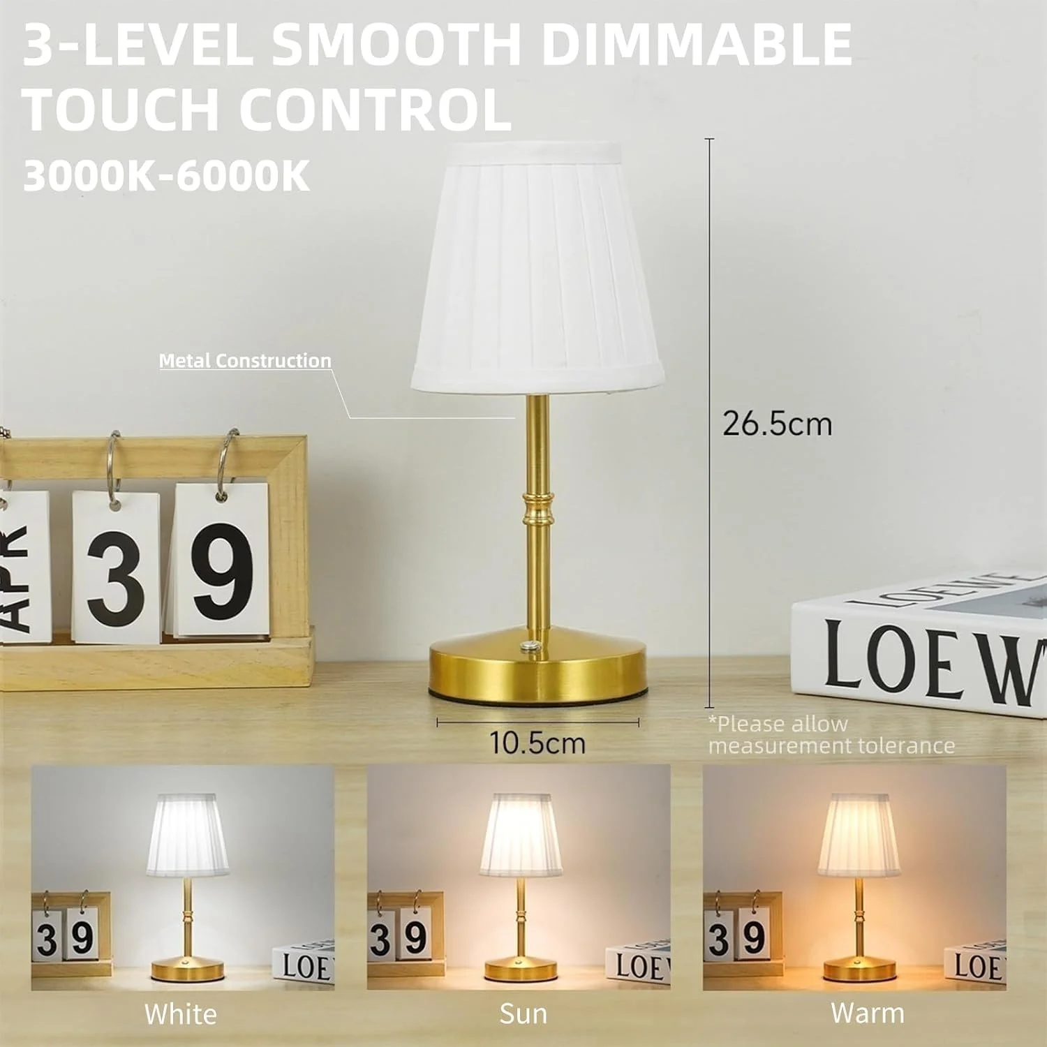 چراغ رومیزی شارژی، چراغ خواب قابل حمل با سایه پارچه ای و قابلیت تنظیم نور، چراغ LED کنار تخت خواب برای اتاق خواب، اتاق نشیمن/غذاخوری، بار، مهمانی، دکور، رستوران (طلایی)